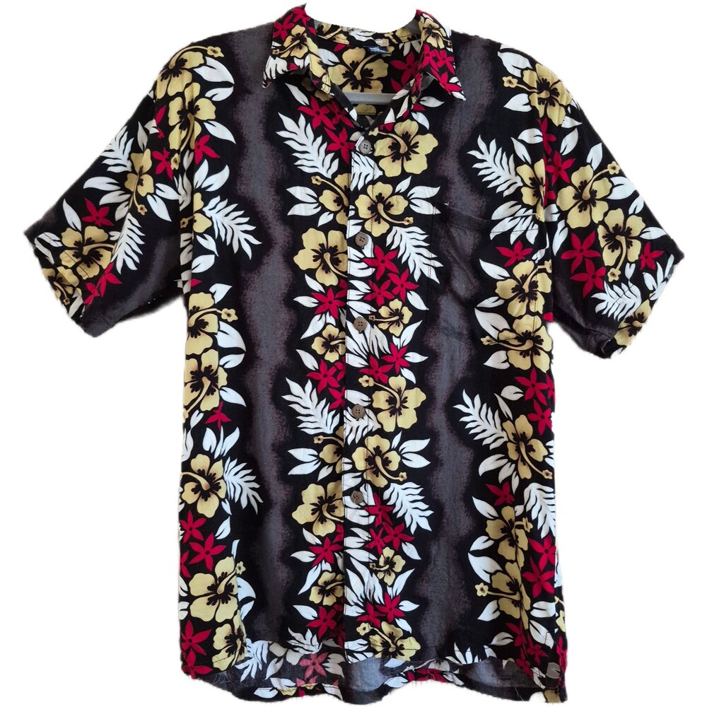 Hibiscus Collection Hawaii Men's Shirt Size Medium Black Floral Tropical Aloha